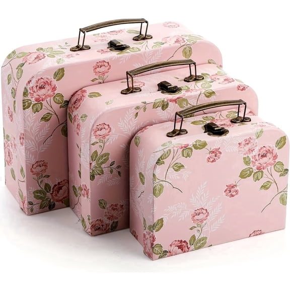 WatDenyFine Vintage Decorative Suitcase Boxes Set of 3, Retro Cardboard Pink Storage Boxes with Lids, Stackable Gift Boxes for Home Décor, Weddings, Baby Showers, Parties & Display