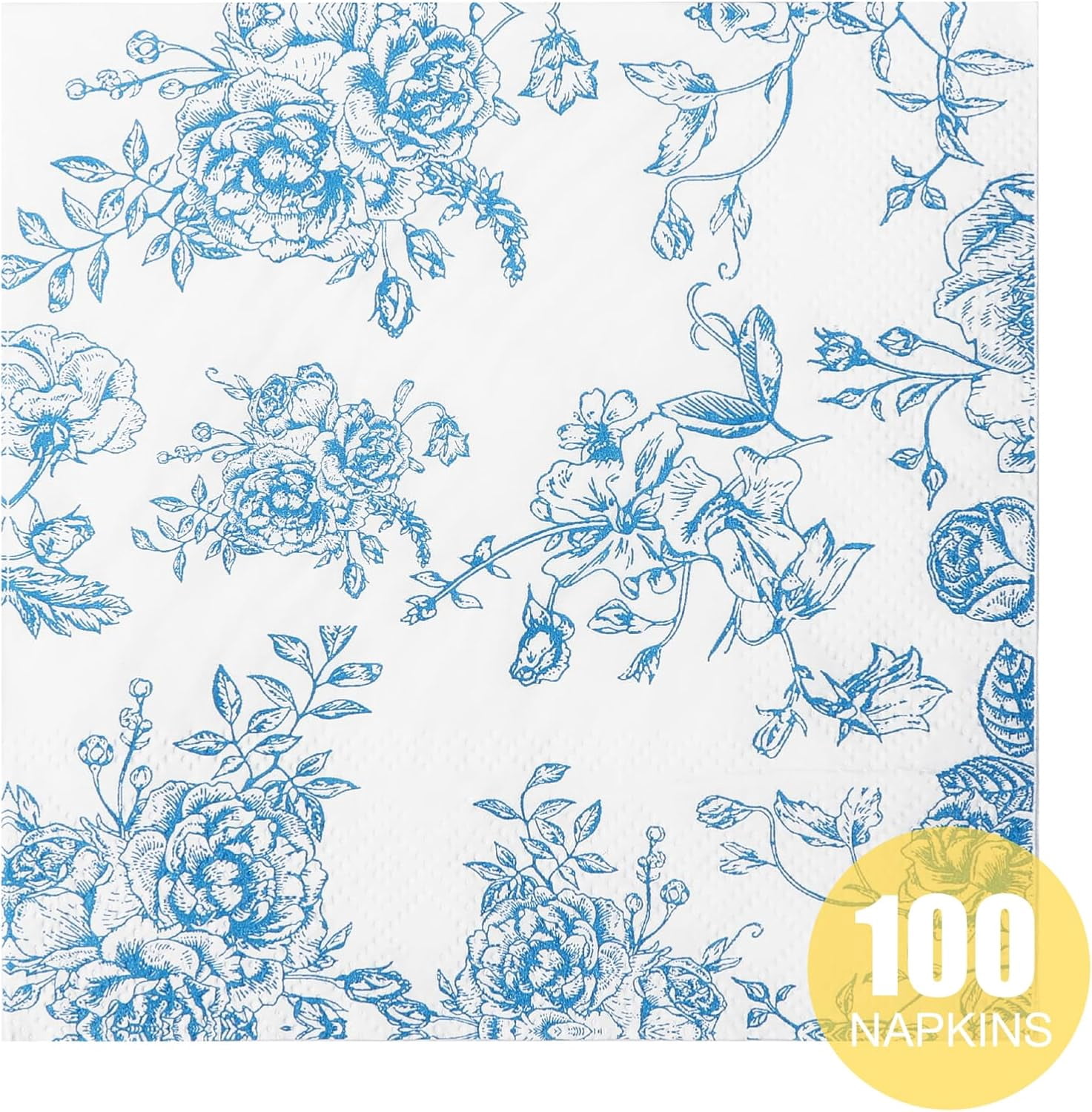 100 Pack Blue Floral Cocktail Napkins, Guest Hand Towels Disposable for Bathroom, Blue Floral Paper Napkins for Bridal and Baby Shower, Tea Party, Garden Party, Birthday Party