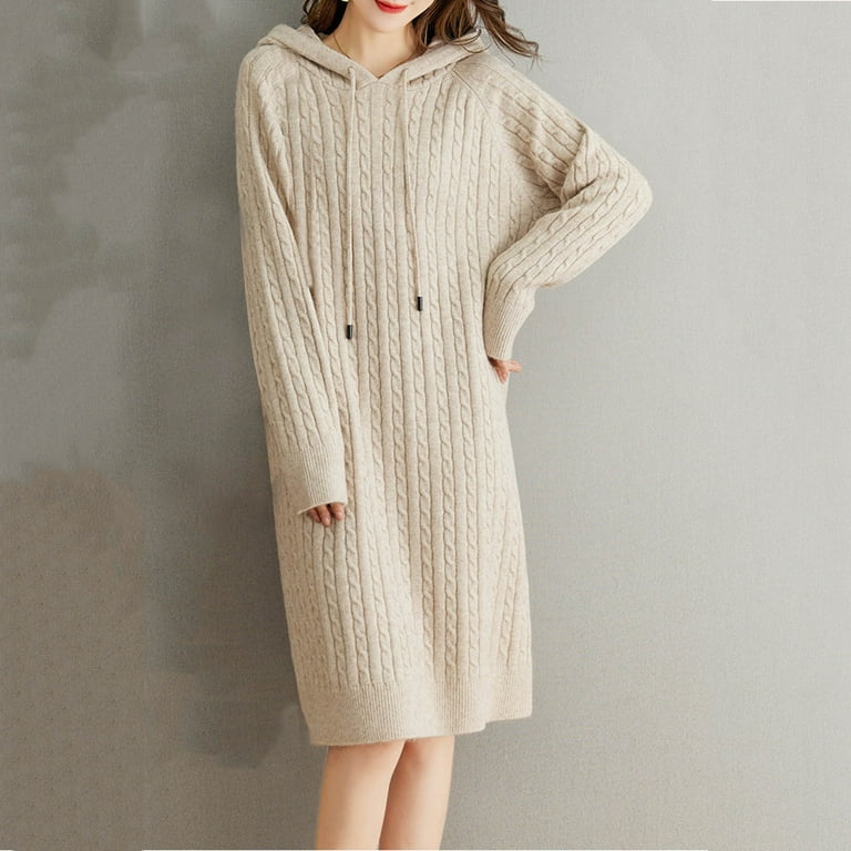 ZHYou Women Sweater Dresses Long Sleeve Cable Knit Hooded Midi Dress  Drawstring Hoody Ribbed Cuff Comfy Casual Skirts,Beige,Free Size -  Walmart.com