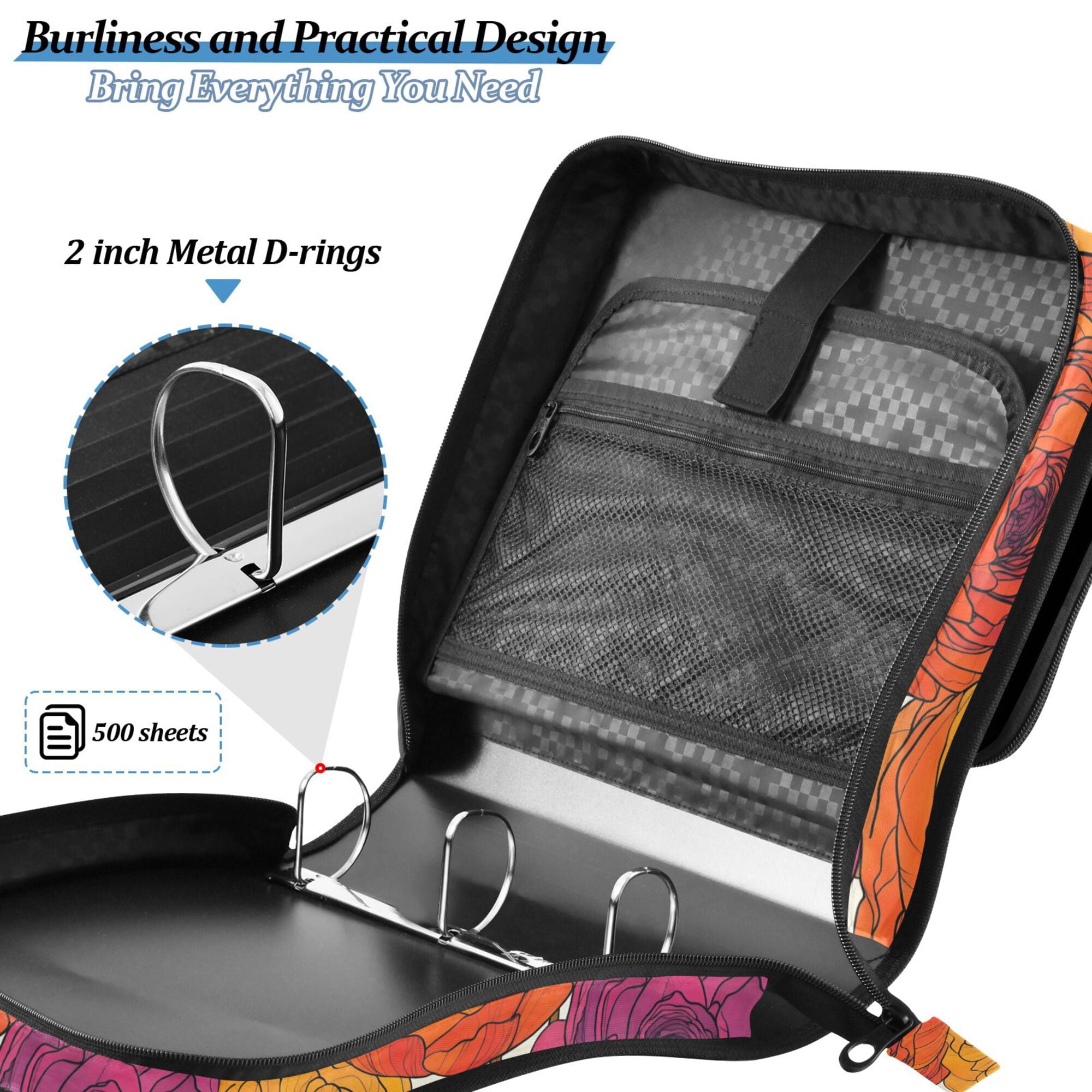 FORMRS Zipper Binder with Shoulder Strap 2-inch Ring 500 Sheet Capacity File Bag, Purple Hand Drawn Floral