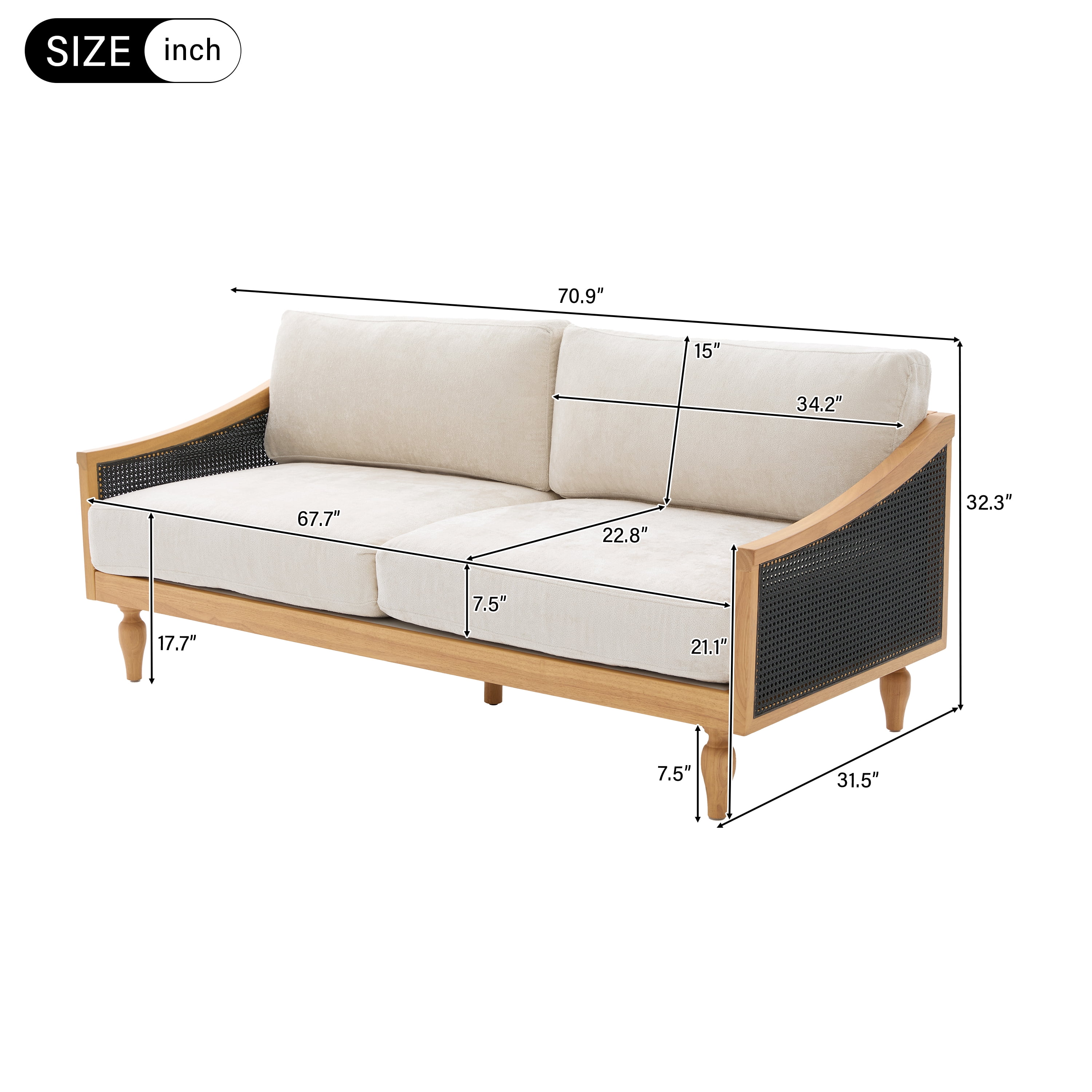 Mid-Century 3-Seater Sofa with Rattan Armrests and Wooden Legs, Chenille Fabric Couch for Living Room and Small Spaces, Black