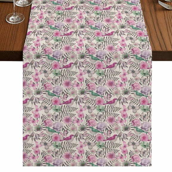Table Runners 90 Inches Long Dress Scarves, Vintage Pink Flower Farmhouse Coffee/Dining/Kitchen Table Runner for Living Room, Spring Floral Leaves Pastoral Birds Plants 13x90 Inch