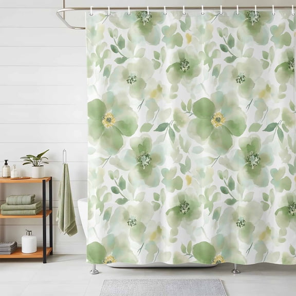 Shower Curtain Sage Green Flower Shower Curtains for Bathroom Decor, Waterproof Polyester Shower Curtain Set with Hooks, Extra Long 72" x 96" Watercolor Floral