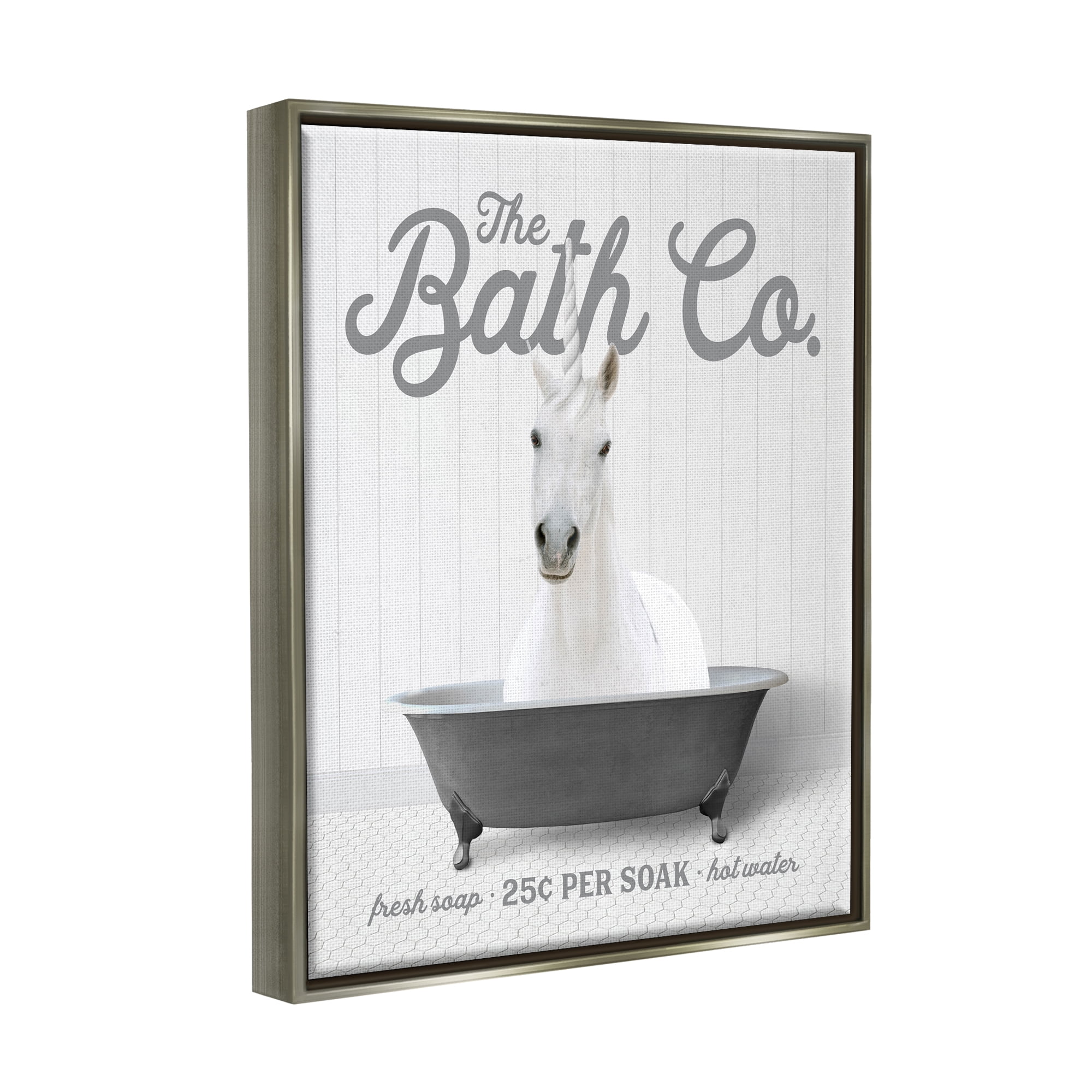 Stupell Industries Unicorn in Bathtub Animals & Insects Painting Gray Floater Framed Art Print Wall Art, 25 x 31