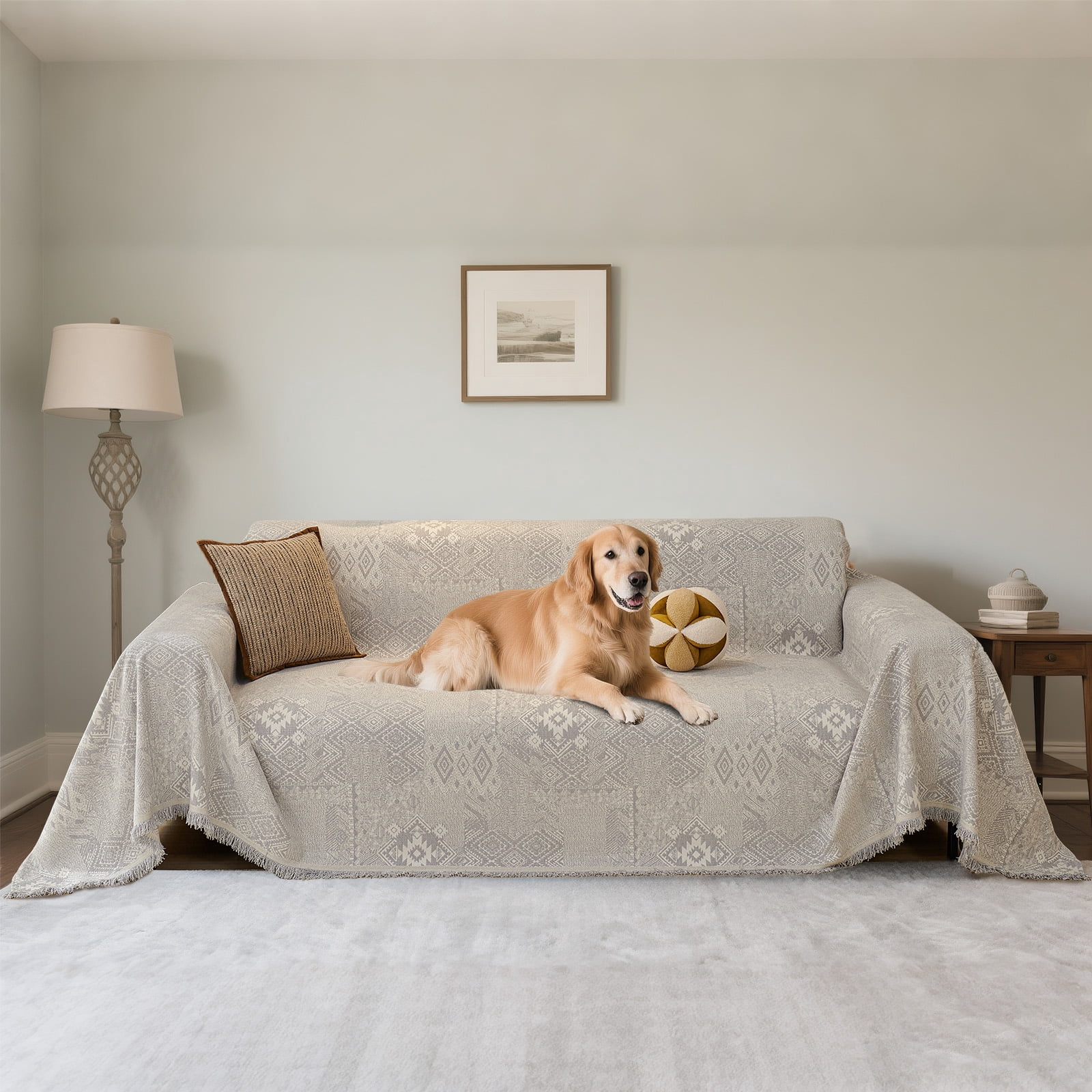 Sanmadrola Reversible Sofa Covers for 3 Cushion Couch, Geometric Jacquard Chenille Slipcover, L Shape Sectional Couch Cover with Tassels, Washable Furniture Protector for Dogs Cats Pet, 71"x118"