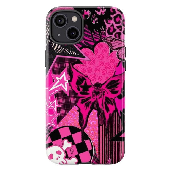 Y2K Punk Butterfly Phone Case, Pink Gothic Skull and Star Collage iPhone Cover, Retro Emo Grunge Protective Case for iPhone 17 16 15 14 13 12 11 Pro Plus Mini