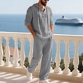 thumbnail image 2 of Amzcrzy Cotton Linen 2 Piece Sets for Men V Neck Long Sleeve Hooded Tracksuit Men Henley Button Down Shirt Elastic Waist Drawstring Pants with Pockets Casual Beach Loungewear Sets 06Gray L, 2 of 8