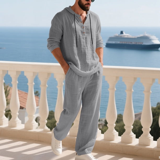 Ceisia Men's Loose Fit Cotton-Linen 2-Piece Set Hooded Henley Long Sleeve Shirt with Elastic Waist Wide Leg Pants Gifts