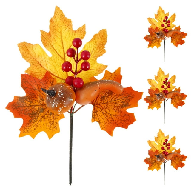 Feuille d'Érable 4 Pcs Feuilles d'Érable d'Automne Boutures de Feuilles d'Érable Artificielles Décoration de Brindilles de Feuille d'Érable avec Mini Citrouille Cône de Baies Rouges pour Halloween Action de Grâce Récolte Noël Fête Porte Foyer