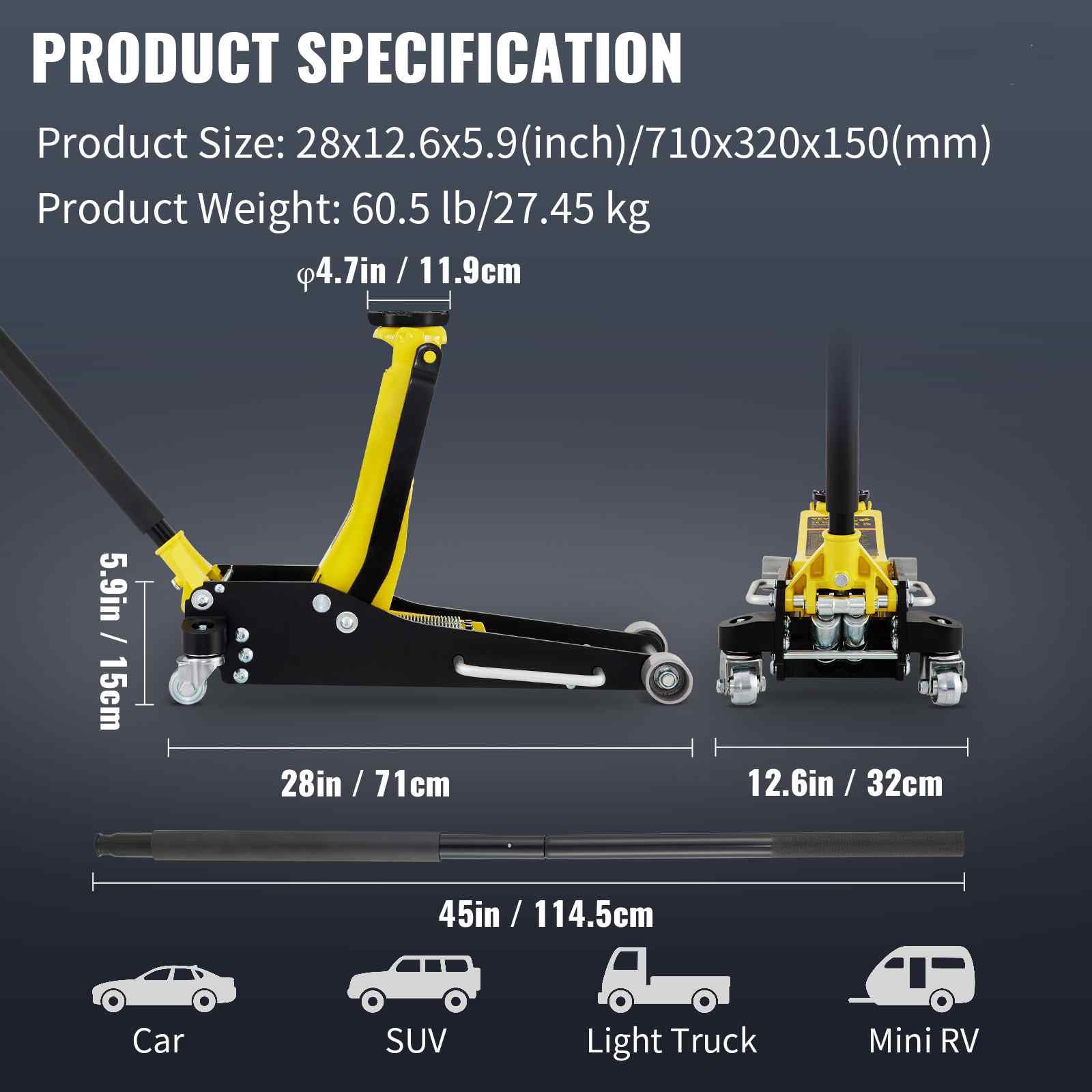 BENTISM Low Profile Floor Jack 2.5 Ton (5500 lbs), Aluminum and Steel Hydraulic Racing Floor Jack, Dual Piston Quick Lift Pump, 3-3/4"-18-7/10" Height Lifting Range, Yellow+Black
