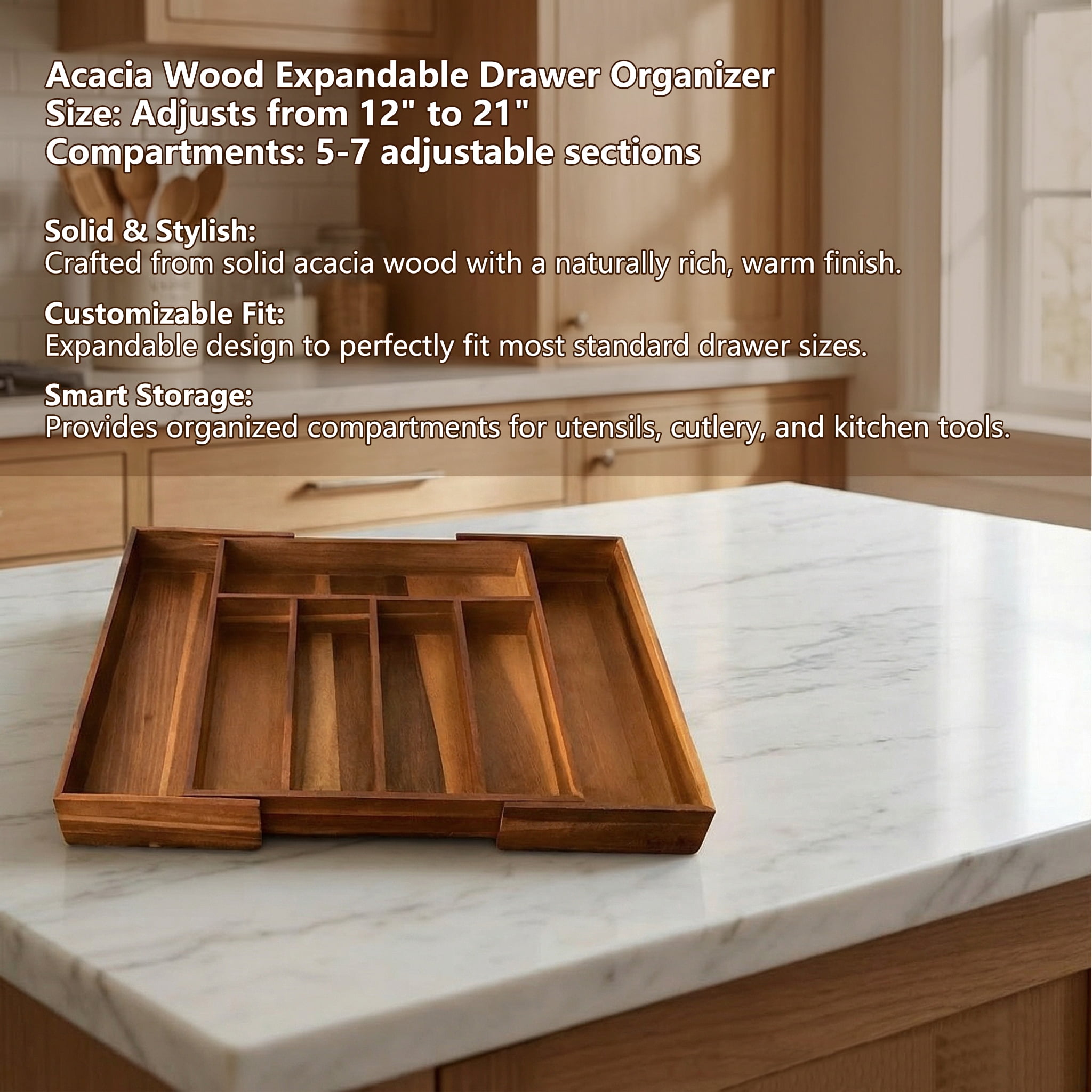 Expandable Acacia Wood Kitchen Drawer Organizer, Adjustable Utensil & Cutlery Organizer with Knife Block, Wooden Kitchen Drawer Organizer
