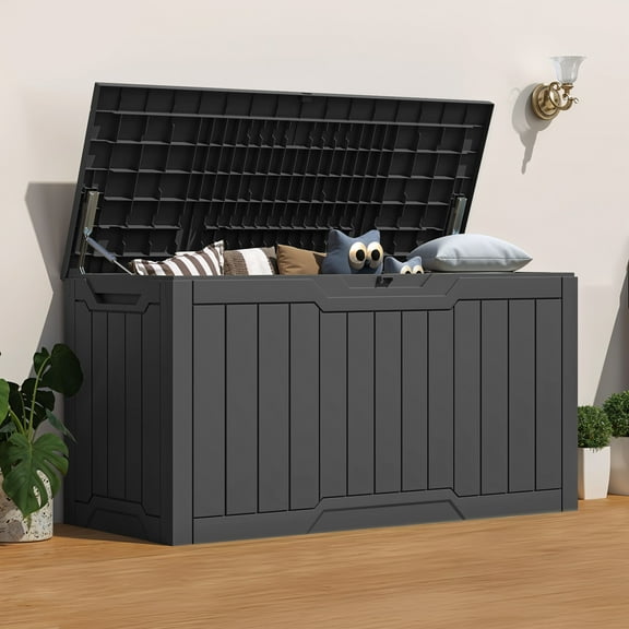 Uforic 100 Gallon Deck Box, Lockable Resin Outdoor Storage Box, Waterproof Outdoor Container for Patio Garden, Dark Gray
