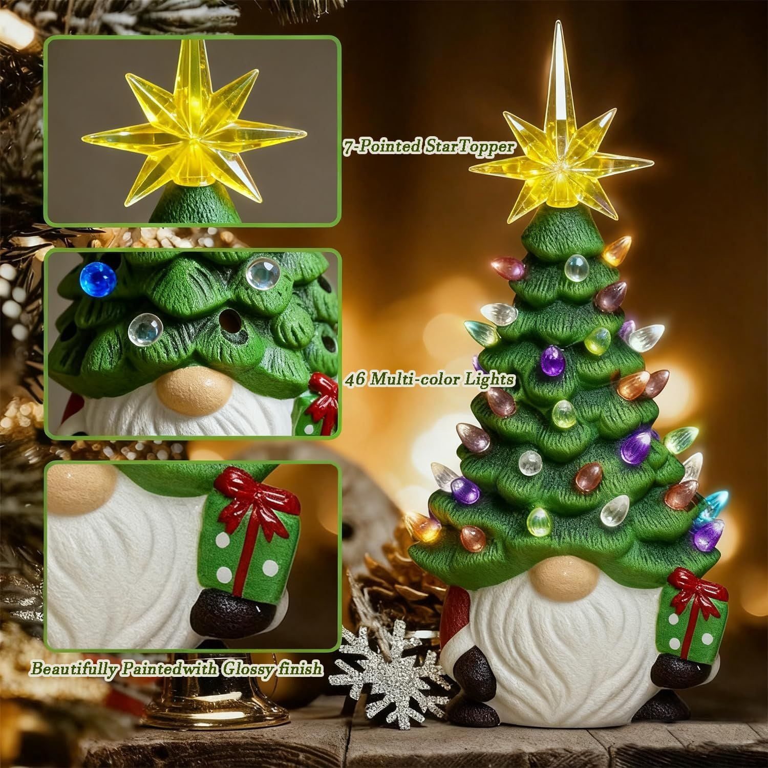 Christmas Gnome Christmas Tree, 8In Mini Ceramic Lighted Christmas Tree, Small Mini Prelit Xmas Holiday Decor for Tabletop Home Room Table Fireplace Office