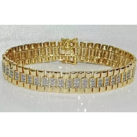 Bracelet Tennis Men's Moissanite White Cut Round CT 6.70 14K Plated Gold Yellow