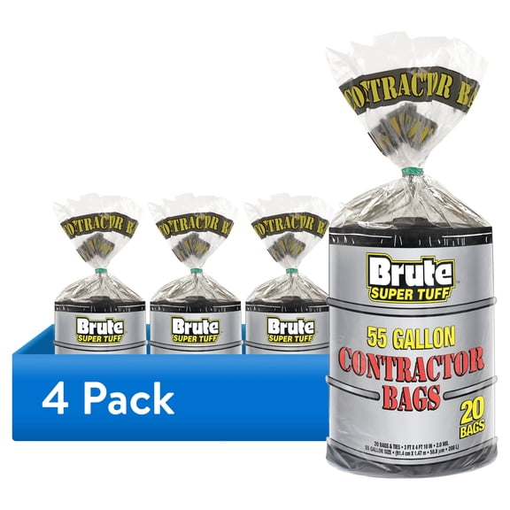 (4 pack) Brute Super Tuff® Contractor Bags, 55 Gallon, 20 Bags (Twist Tie)