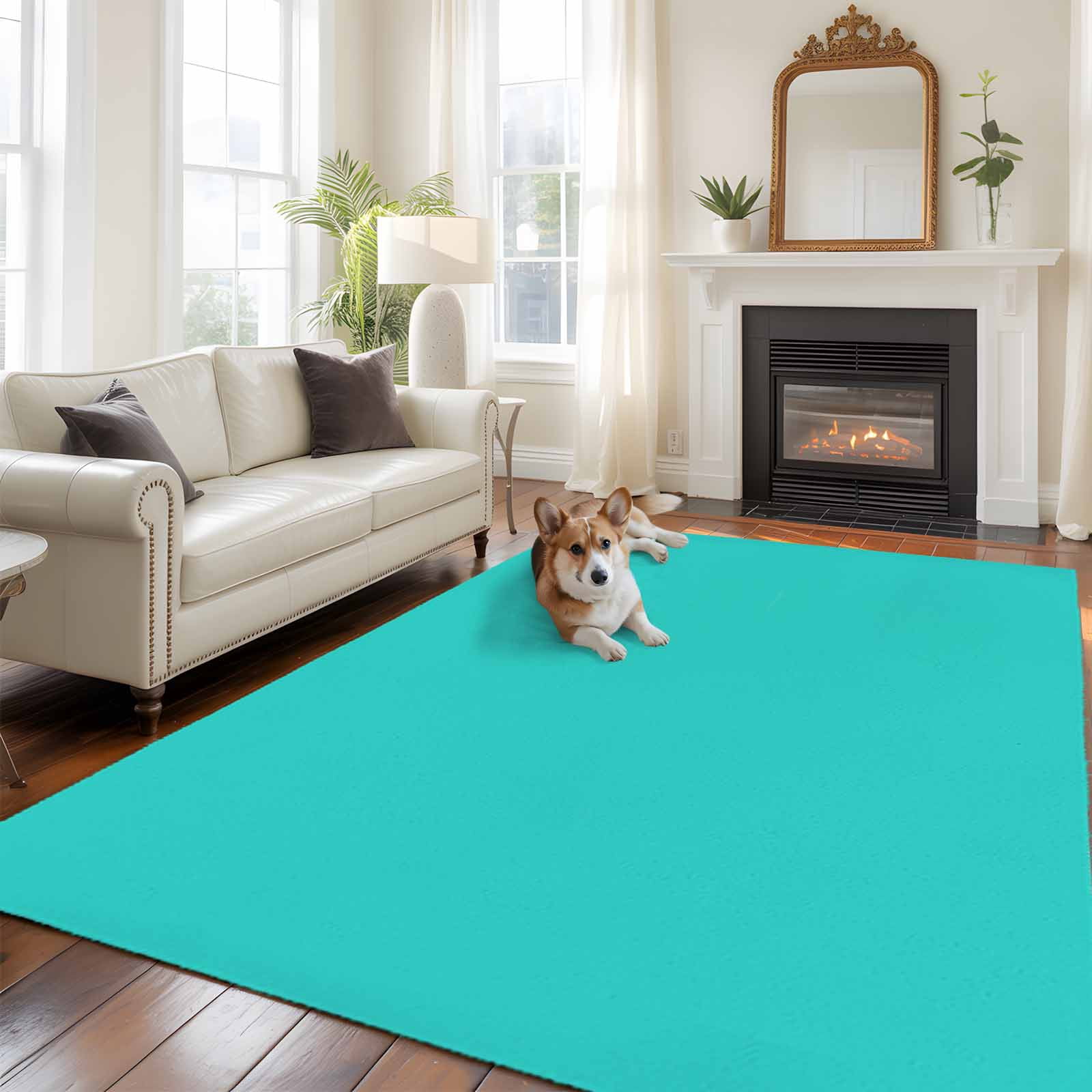 Turquoise Large Area Rug 8x10 FT, Non Slip Living Room Throw Carpet, Modern Pure Turquoise Washable Soft Indoor Outdoor Carpet Non-Shedding Rug for Bedroom Dining Room