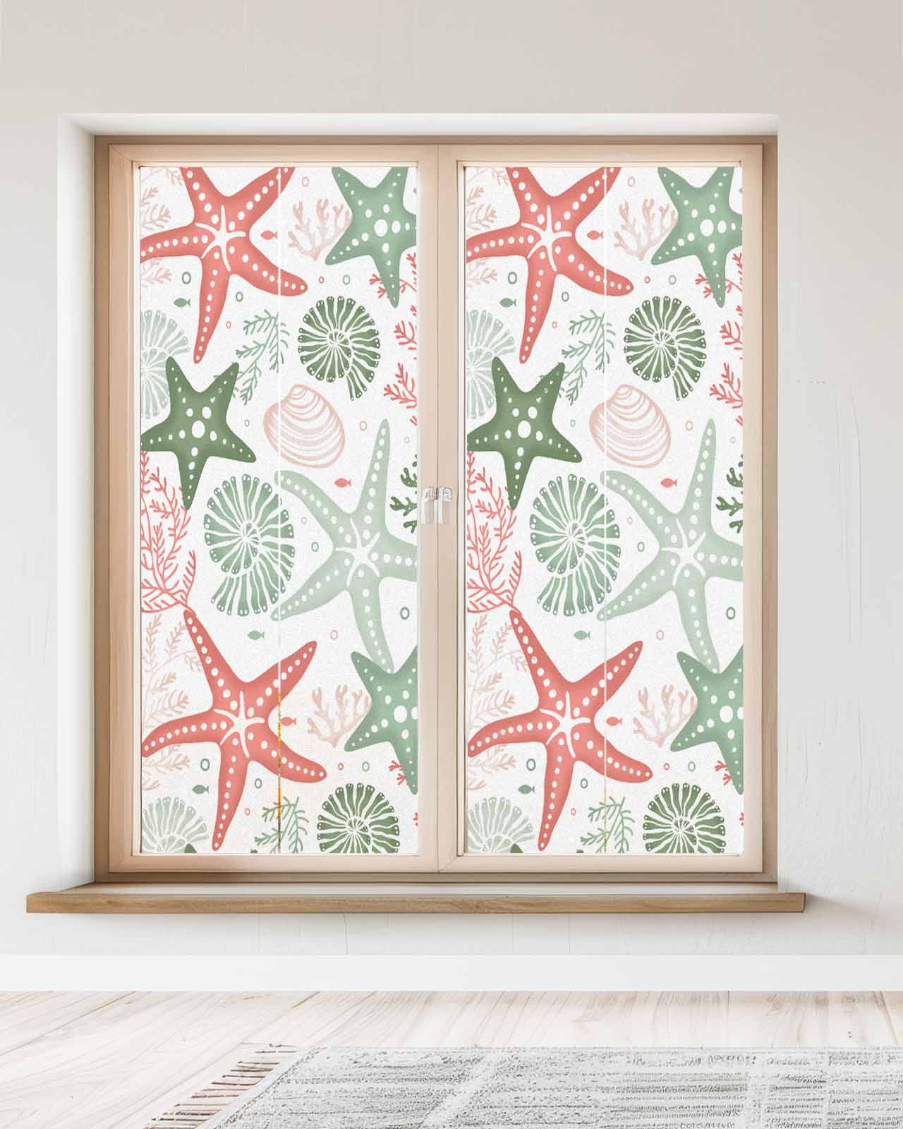 Window Privacy Film, Green Orange Coral Sun Blocking Window Tint Film Heat Control One Way Blackout Window Film, Spring Summer Coastal Starfish Beach Nautical Conch Non Adhesive Static Cling 23.6x59
