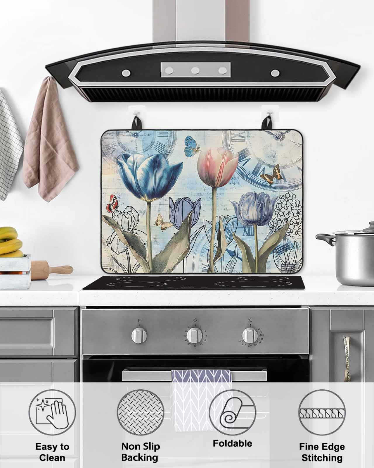 nqOlkjepod Large Induction Cooktop Protector Mat 24"x21", Colorful Tulips Stove Top Covers for Electric Stove, Spring Pastoral Flowers Retro Butterfly Stove Burner Cover Mats, Glass Top Stove Cover