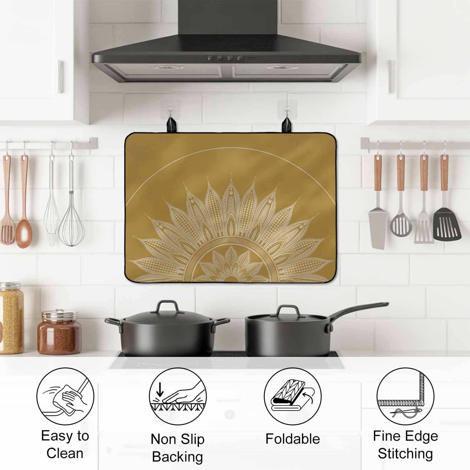 Brown Boho Stove Top Cover for Electric Stove, Heat-proof & Non Slip Glass Top Stove Cover Protector, Middle Century Abstract Floral Ethnic Art Kitchen Flat Cooktop Rubber Mat 24x21 Inches