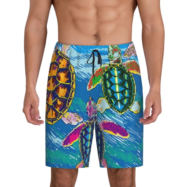 Balery Little Sea Turtles Pantalones cortos de pijama de punto de algodón para hombre con cinturilla y bolsillos-X-Large
