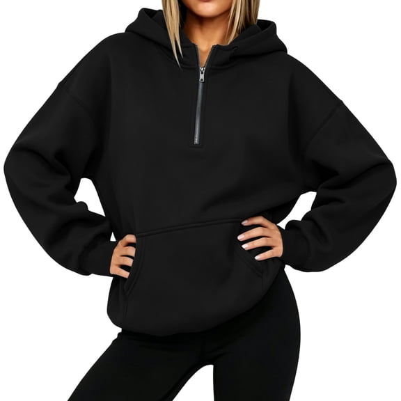 Womens Oversized Boxy Pullover Drop Shoulder Half Zip Hoodie with Kangaroo Pocket Cropped Hip Length Solid Casual Lounge Top