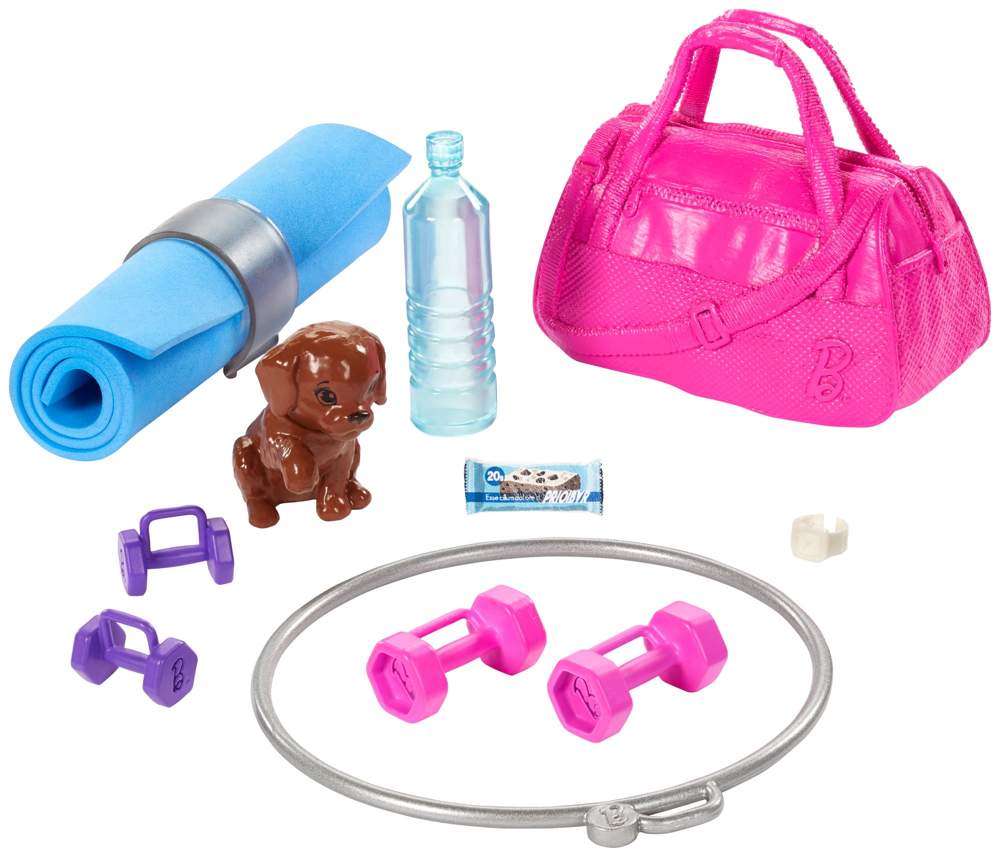 Barbie Fitness Red-Haired Doll with Puppy and 9 Accessories Including Yoga Mat and Bag