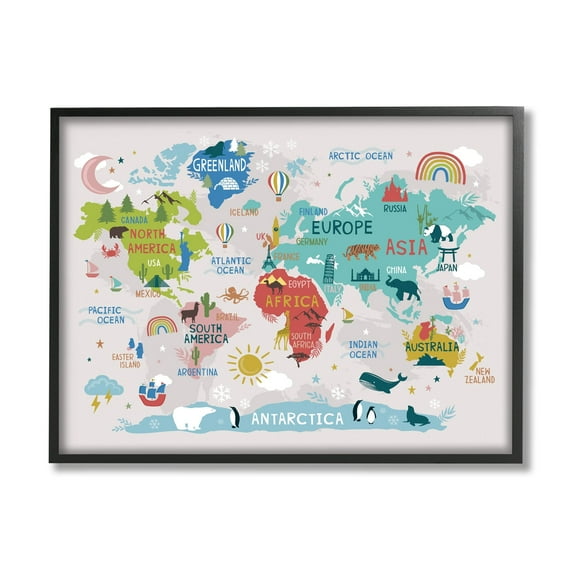Stupell Industries Native Animals World Map Educational Wildlife Atlas Graphic Art Black Framed Art Print Wall Art, Design by Lisa Whitebutton
