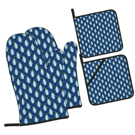 

Daiia Beautiful King Penguin Pattern Pattern Oven Mitts and Pot Holders 4 pcs Set High Heat Resistant 500 Degree Extra Thicken Long Kitchen Cotton Oven Glove