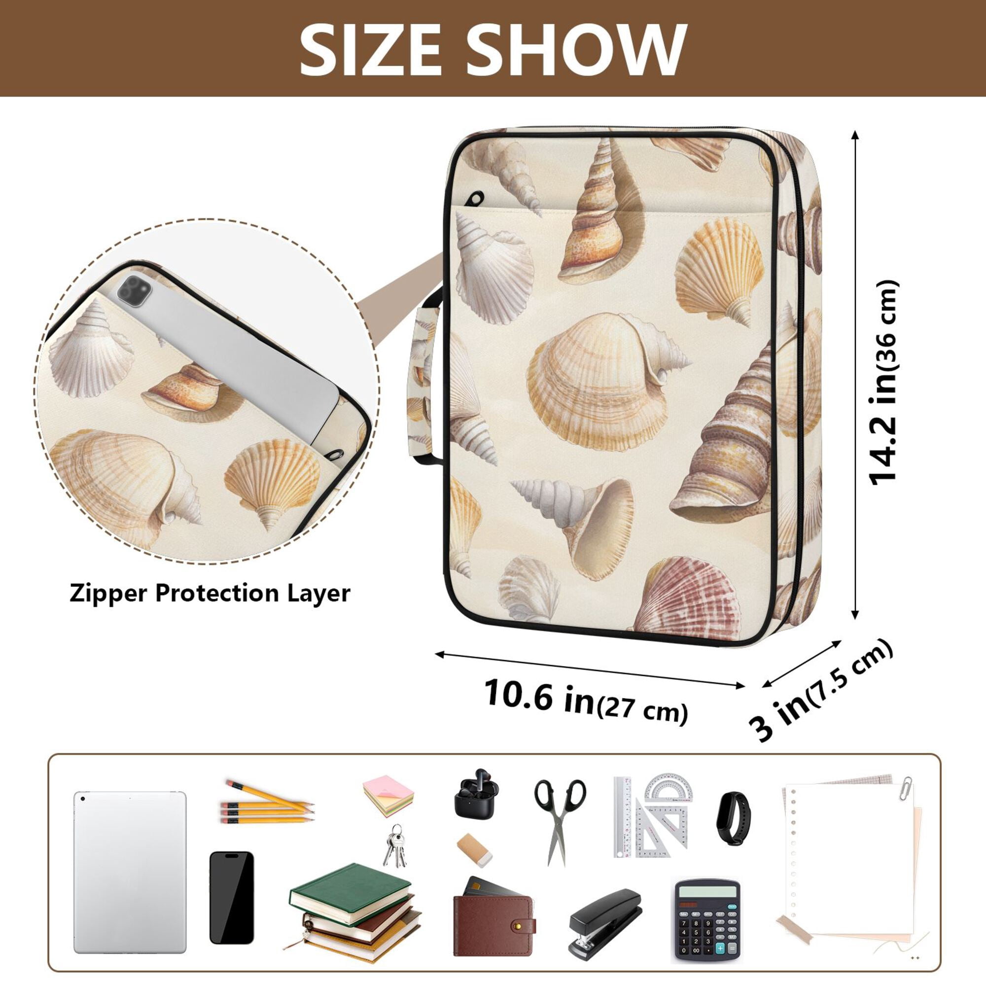 FORMRS Accordion File Folder A4 Size 7-Pocket Expanding Document Organizer Bag with 3 Ring Binder, Beige Watercolor Seashells