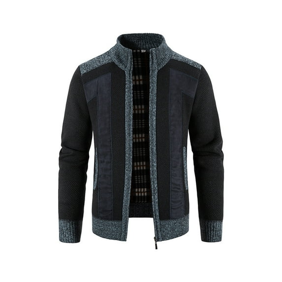 Frontwalk Mens Cardigans Zip-up Sweaters Patchwork Fashion Knitwear Jumpers Long Sleeve Warm Winter Jackets Coats Navy Blue 2XL