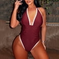 thumbnail image 2 of UTSJKR Women One Piece Swimsuit High End Stripe Deep V Neck Swimwear Ruffle Tummy Control Bathing Suit Monokini Wine L, 2 of 7
