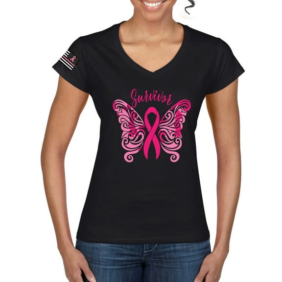 Wild Bobby Survivor Breast Cancer Butterfly USA Flag Sleeve Breast Cancer Awareness Women Standard V-Neck Tee, Black, Small