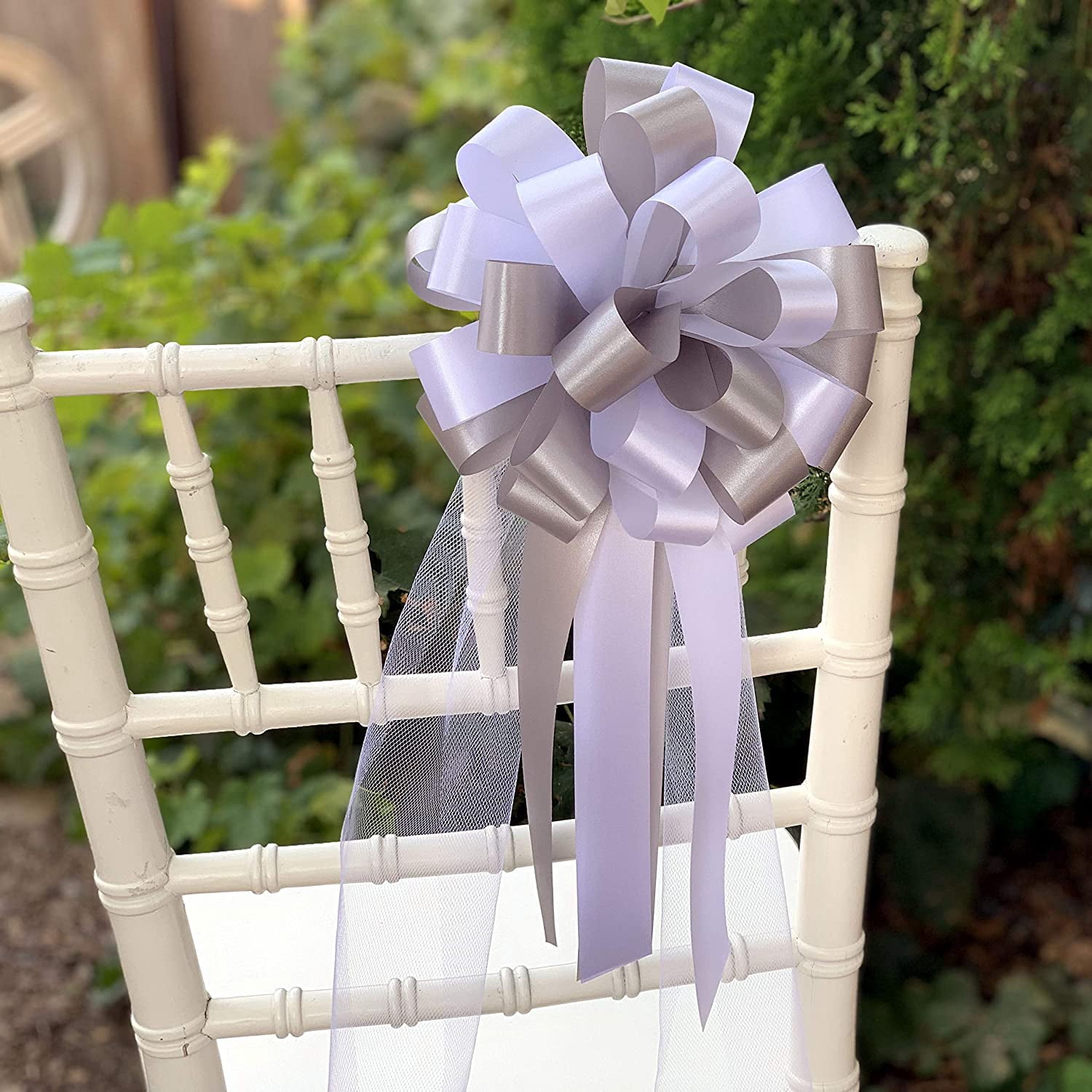 White and Silver Pull Bows with Tulle Tails - 8" Wide, Set of 6, Wedding Pew Bows, Aisle Decoration. Reception, Anniversary