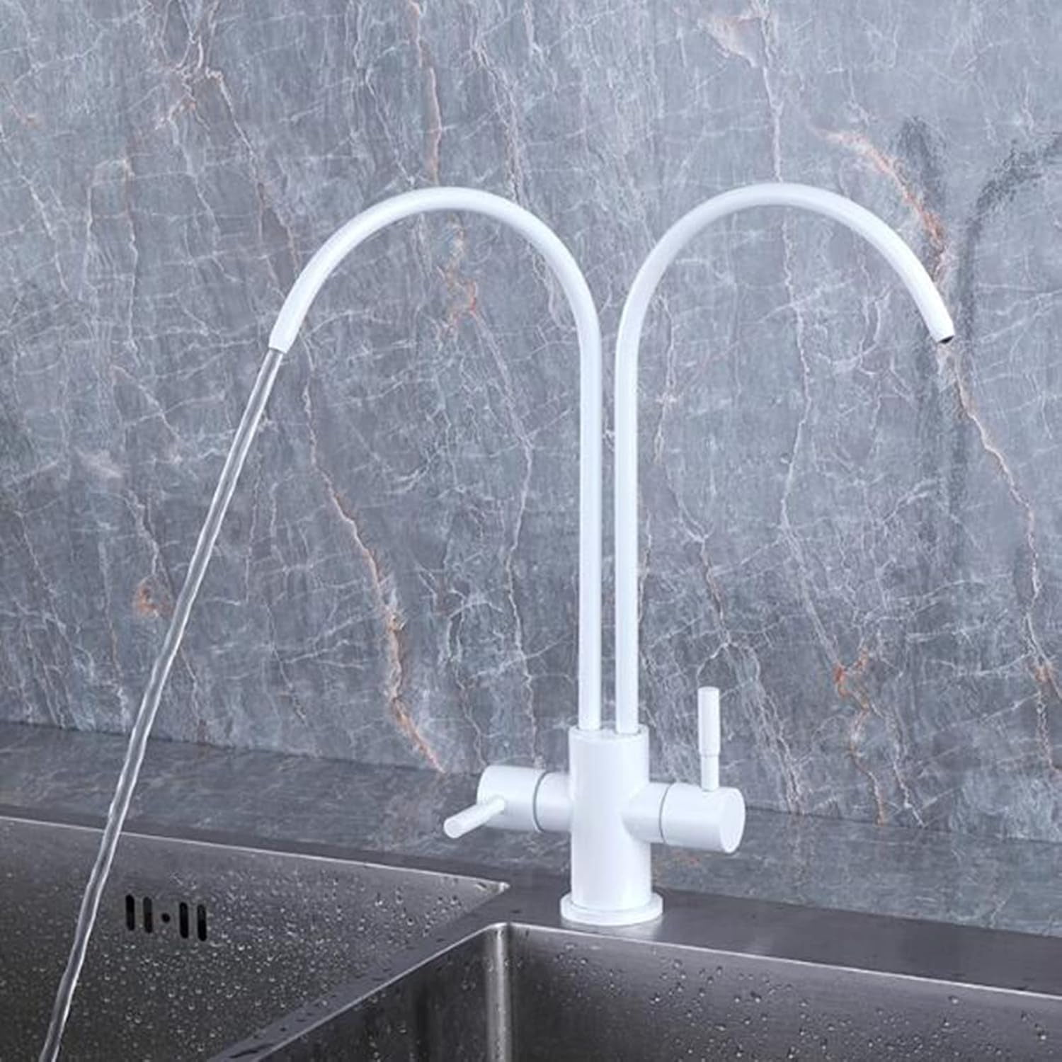Kitchen Faucet Water Filter White Stainless Steel Swivel Double Tube Double Outlet Water Purifier