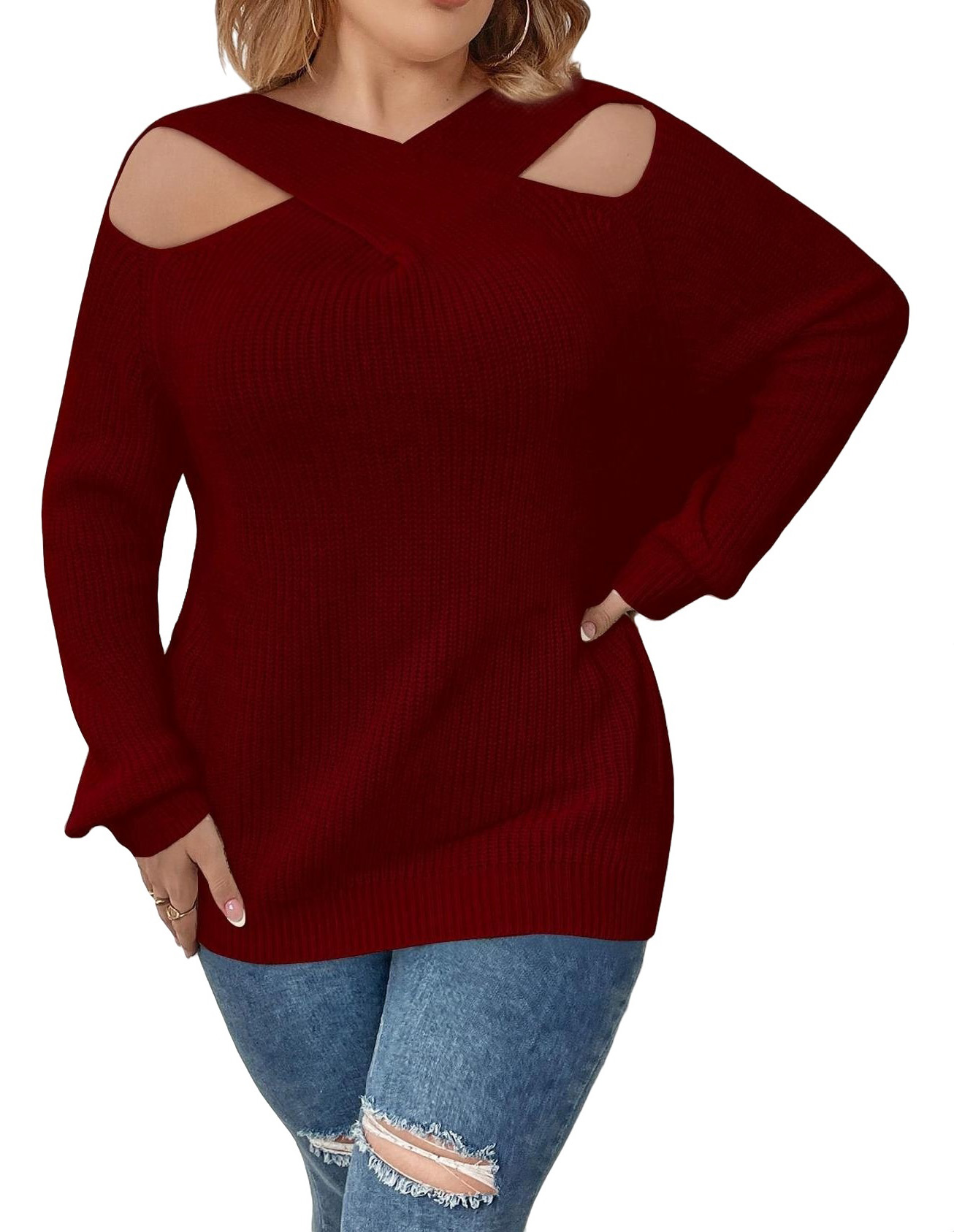 Women's Plus Size Sweaters Casual Plain V neck Pullovers Maroon 2XL
