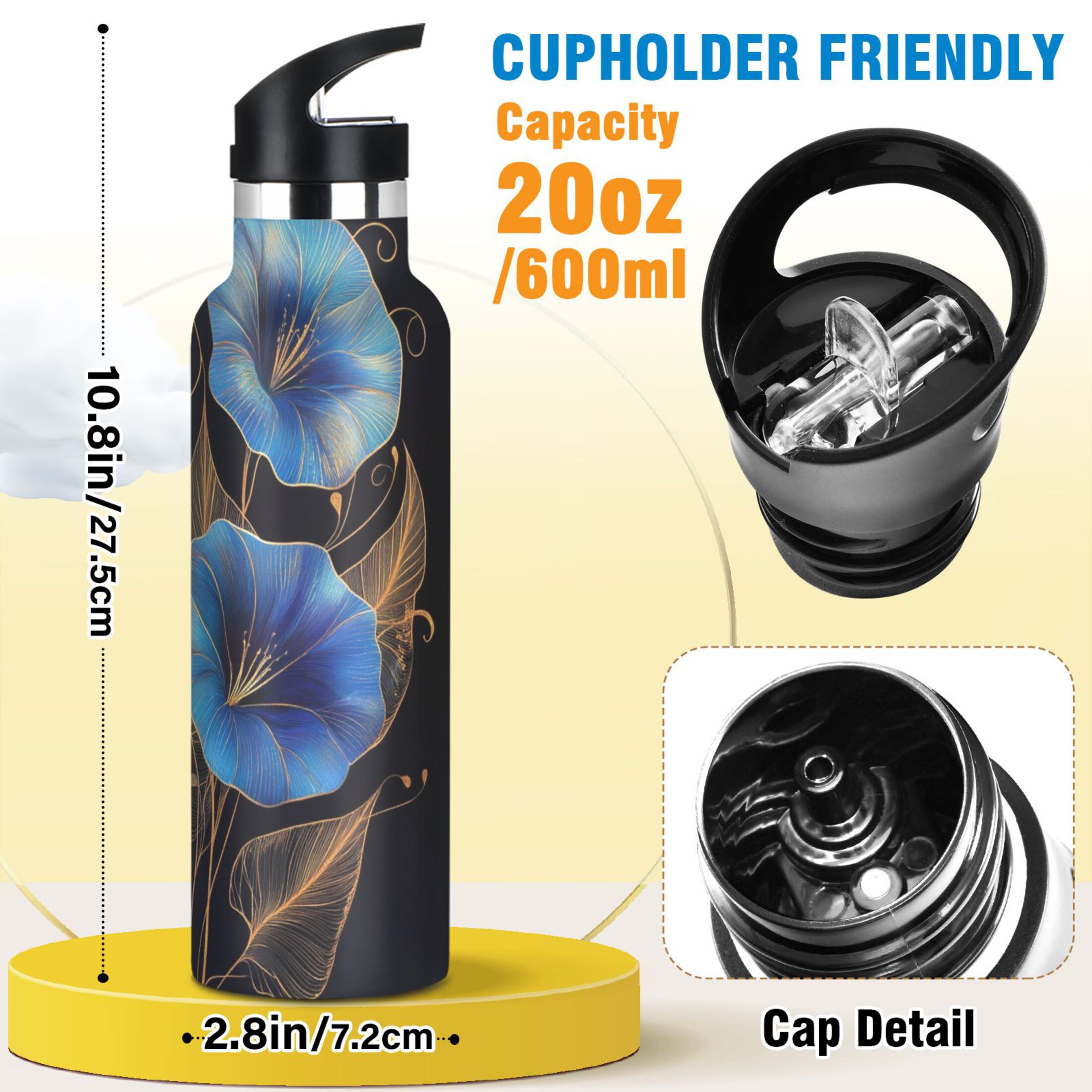 Kids Insulated Stainless Steel Sports Water Bottle 600ml (20oz) Blue Morning Glory Flowers