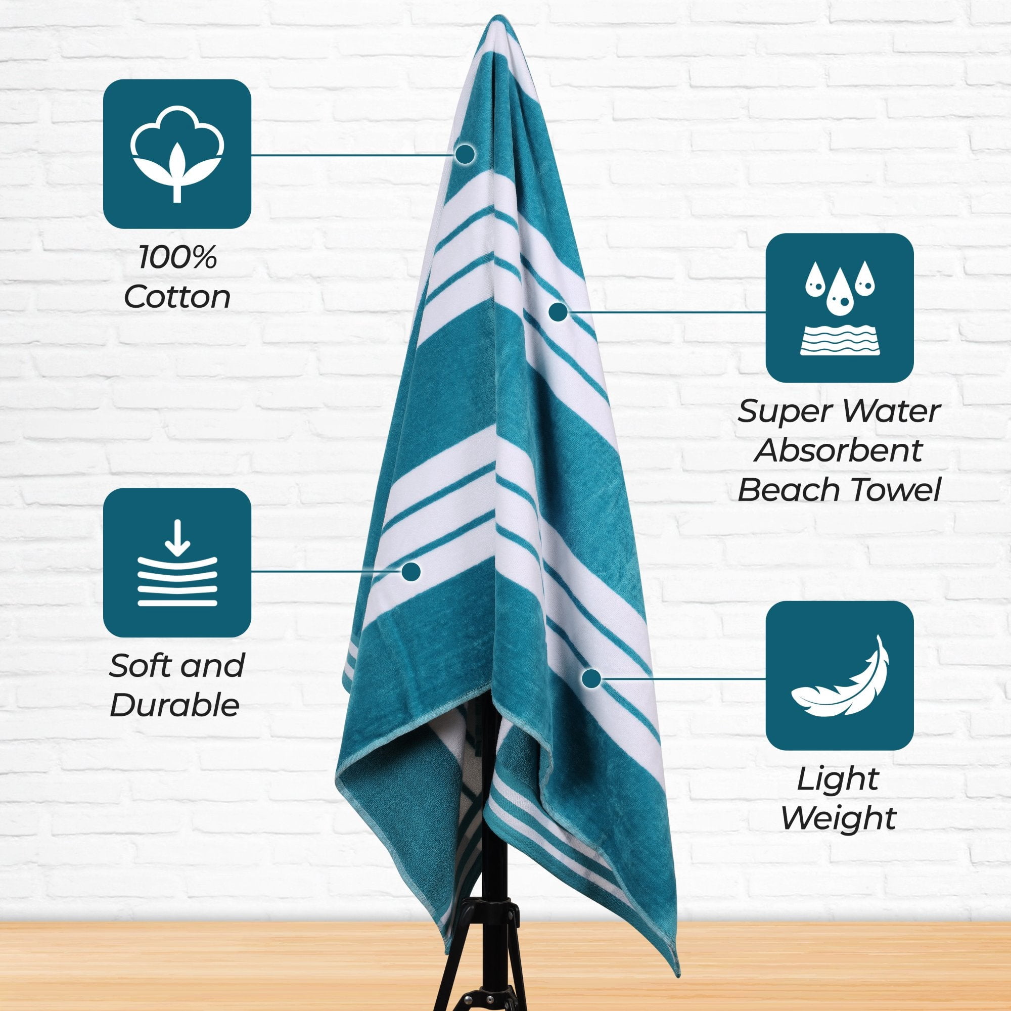 Superior Cotton Striped Oversized Beach Towel Set of 2, 34" x 64", Turquoise