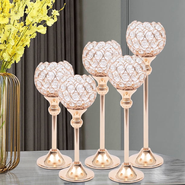 Gold Crystal Candle Holders 5Piece Set 12 & 14 Inch Tealight