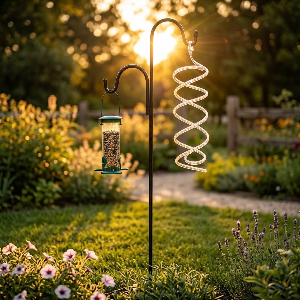 Double Shepherds Hooks for Outdoor,  2 Pack 78 Inch Bird Feeder Pole with 5 Prongs Base, Heavy Duty Garden Hook for Hanging Plant, Lantern, Hummingbird Feeder