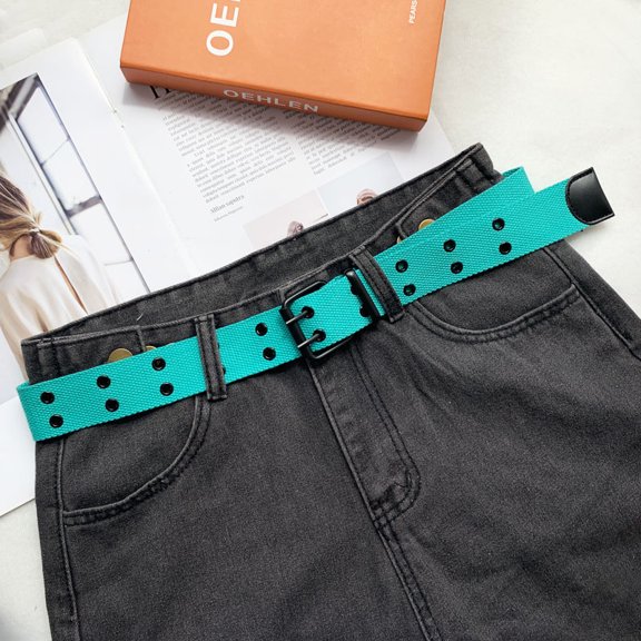 KuKuZhu Simple Style Solid Wide Belt Canvas Web Double Grommet Hole Buckle Belt Female Male Hot Waist Strap Belts for Women Men Jeans