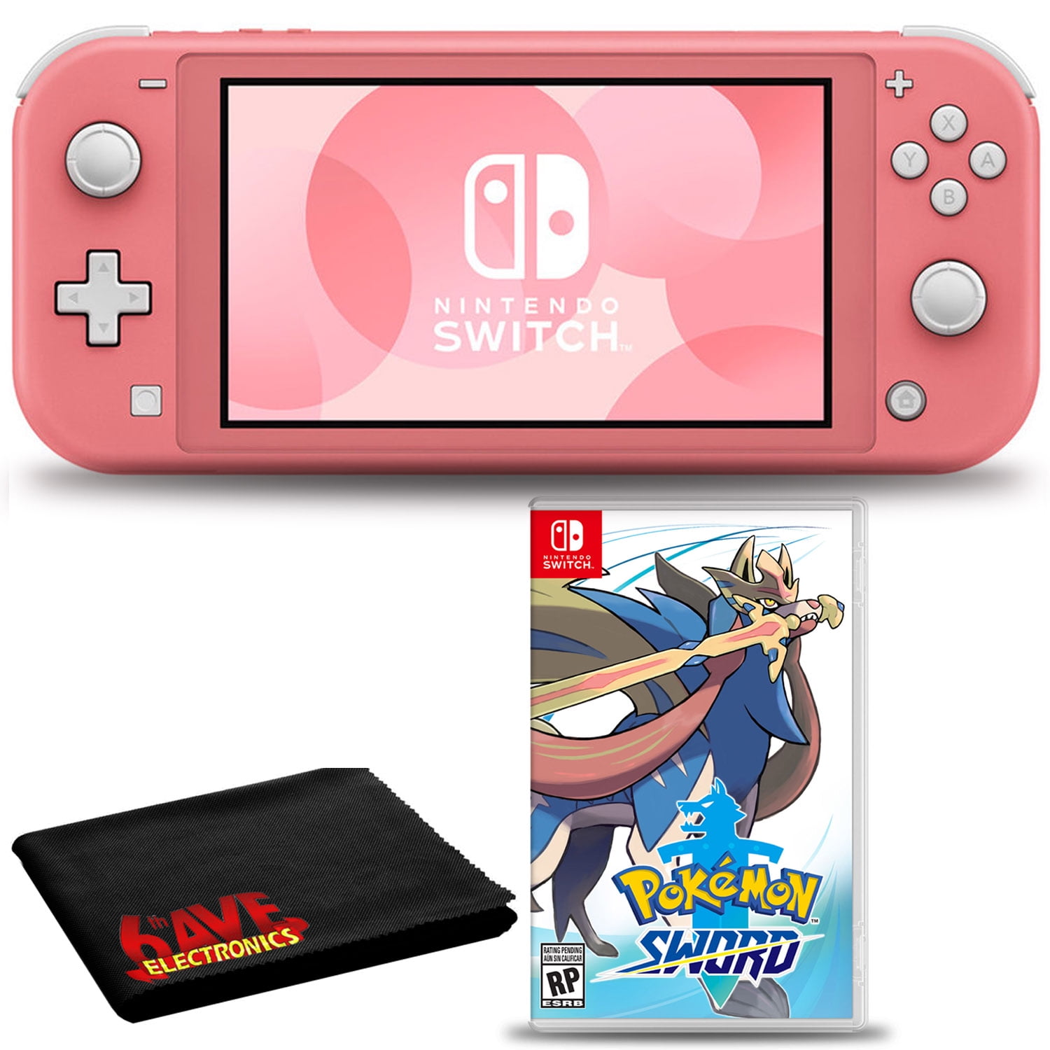 Nintendo Switch Lite (Coral) Bundle with Pokemon Sword and 6Ave Cleaning Kit
