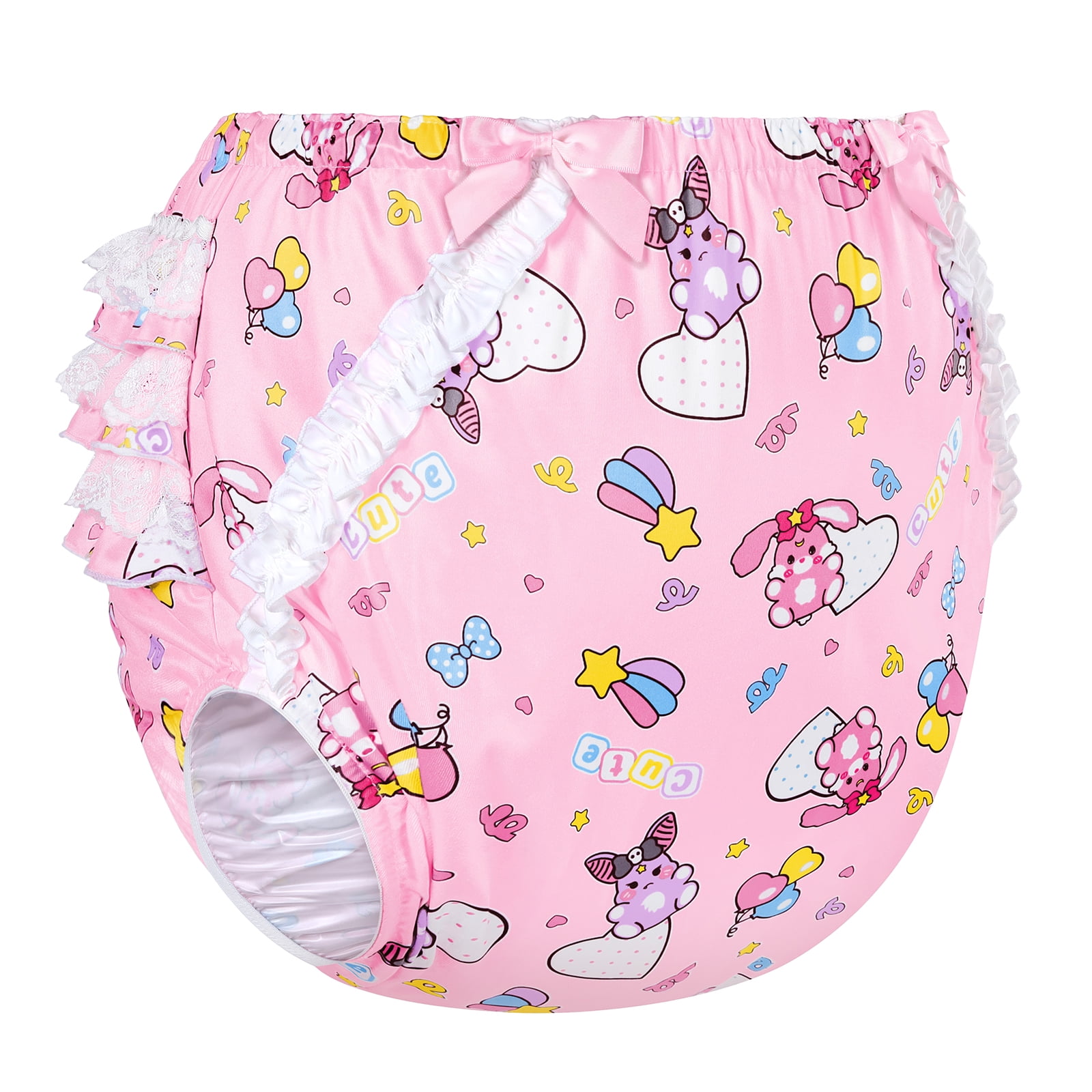 LittleForBig Silky Washable Reusable Waterproof Ruffled Lace Bow Baby Usagi & Bella Pattern Ruffle Adult Diaper Cover S