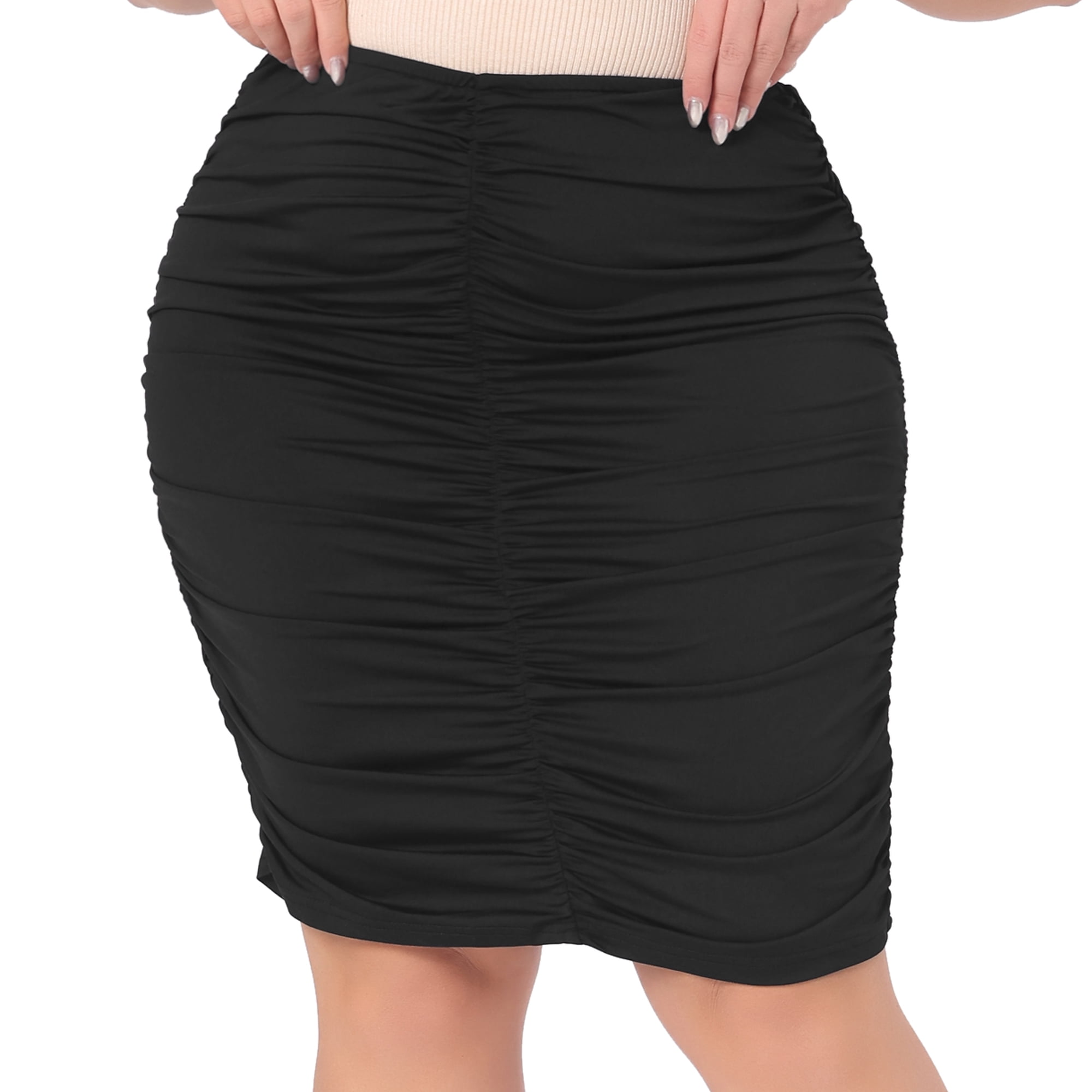 DARING DIVA Women's Plus Size Elastic High Waist Ruched Pencil Midi Skirt 2X Black