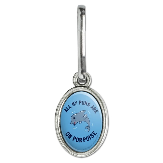 All My Puns Are On Porpoise Purpose Funny Humor Antiqued Oval Charm Clothes Purse Suitcase Backpack Zipper Pull Aid