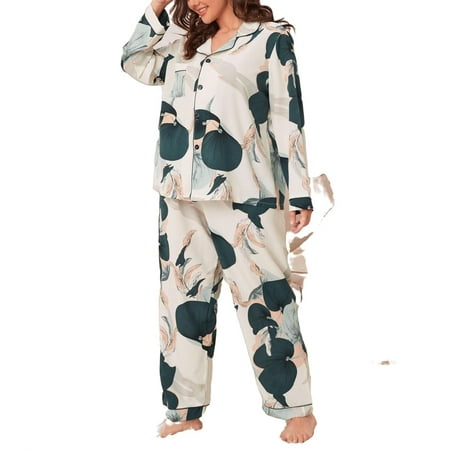 

Floral Print Lapel Neck Pant Sets Long Sleeve White Plus Pajama Sets (Women s)