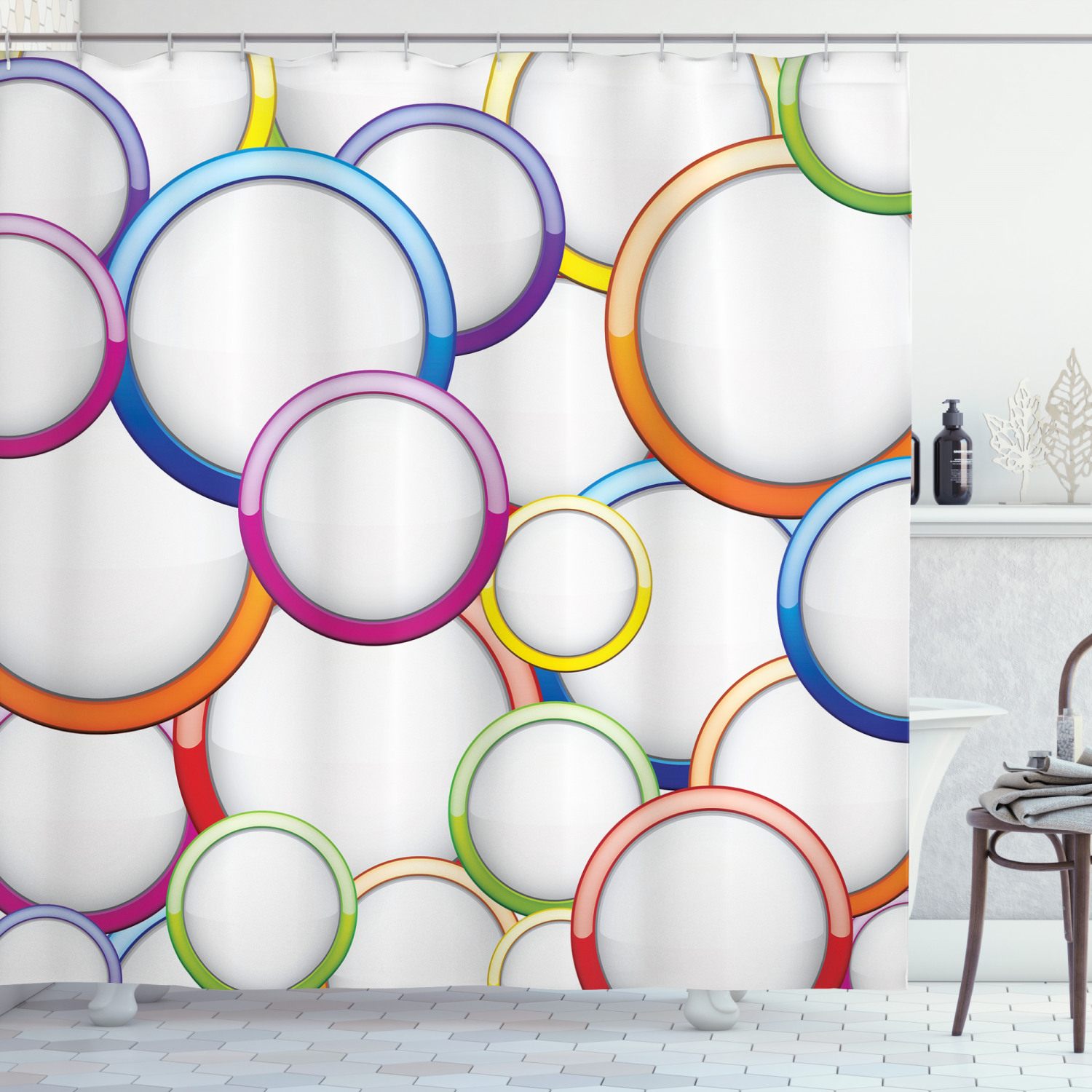 Geometric Decor Shower Curtain Set, Abstract Chained Colorful Bubbles