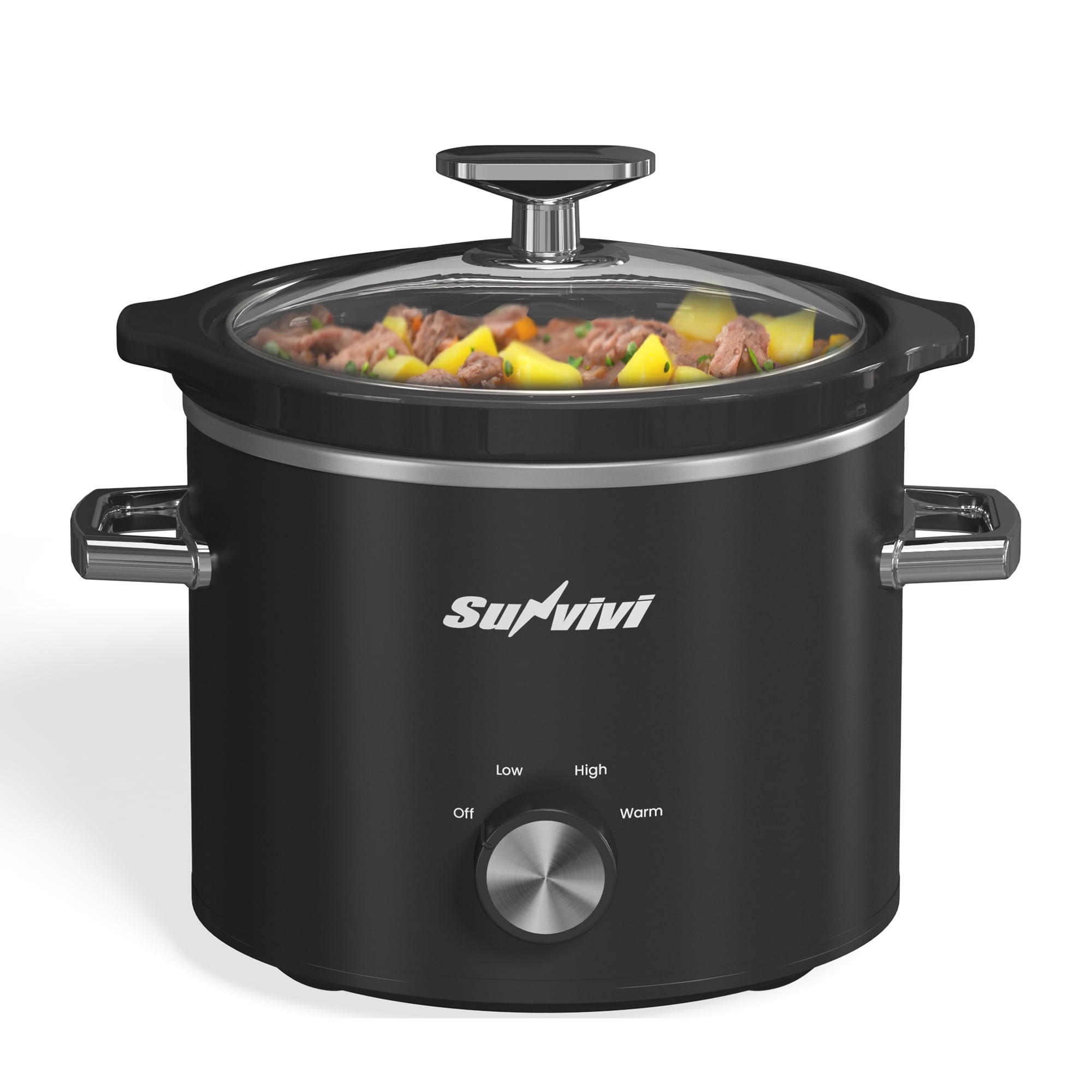 2QT Small Slow Cooker with Removable Ceramic Pot, 3 Heating Settings, Dishwasher-Safe Glass Lid, Black