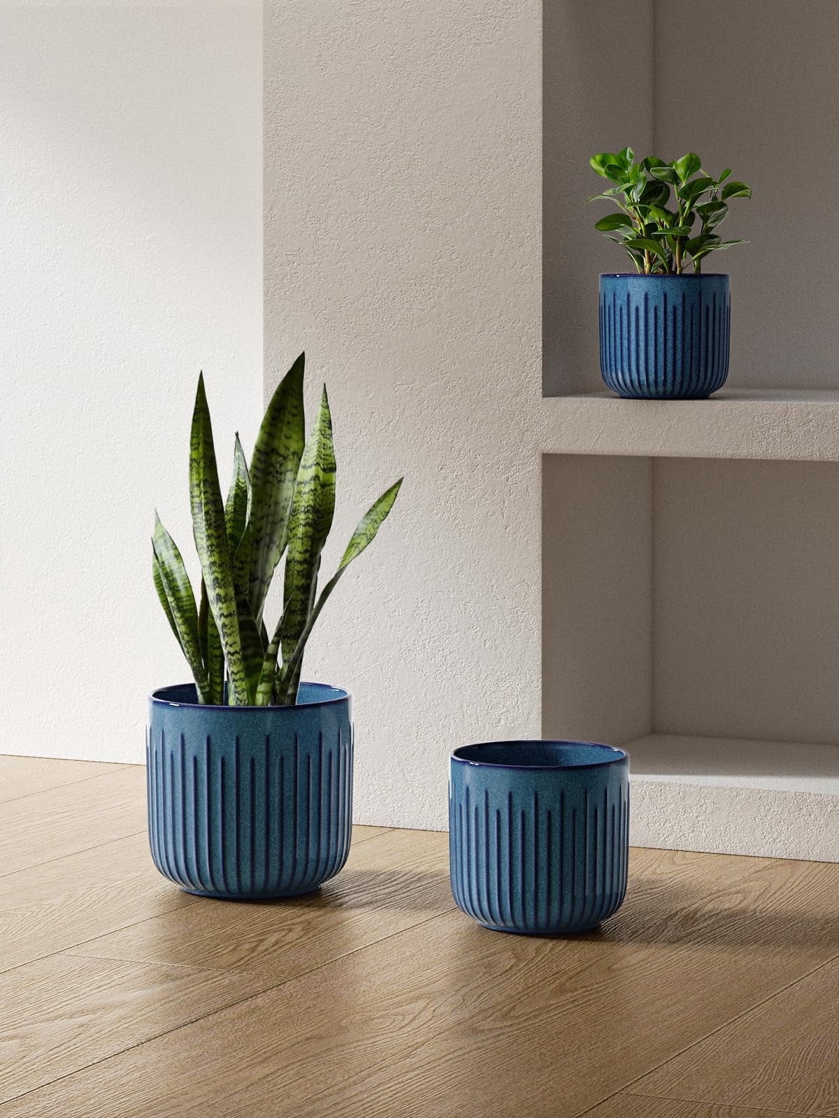 BEMAY  Set of 3  Plant Pots, Ceramic Planters for Indoor Plants, 8.3+6.9+5.7 inch Flower Pots with Drainage Holes, Indoor Planters for House Plants,Glaze Ocean Blue