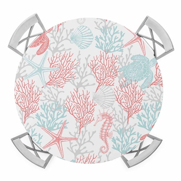 Red Aqua Coastal Round Tablecloth for 45-54 Inch Tables,Fitted Table Cover with Elastic Edge,Sea Turtle Nautical Coral Summer Beach Waterproof Outdoor Table Cloth Protector for Patio Garden Dinner
