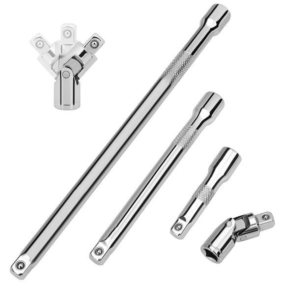 4-Piece 3/8" Drive Socket Extension Bar Set (3", 6", 10") and Universal Joint, Premium CR-V Steel with Mirror Chrome Finish